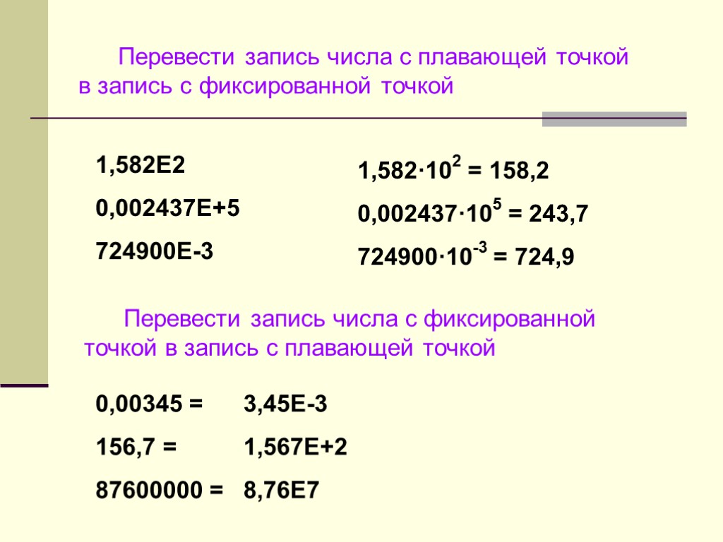 1,582·102 = 158,2 0,002437·105 = 243,7 724900·10-3 = 724,9 Перевести запись числа с плавающей